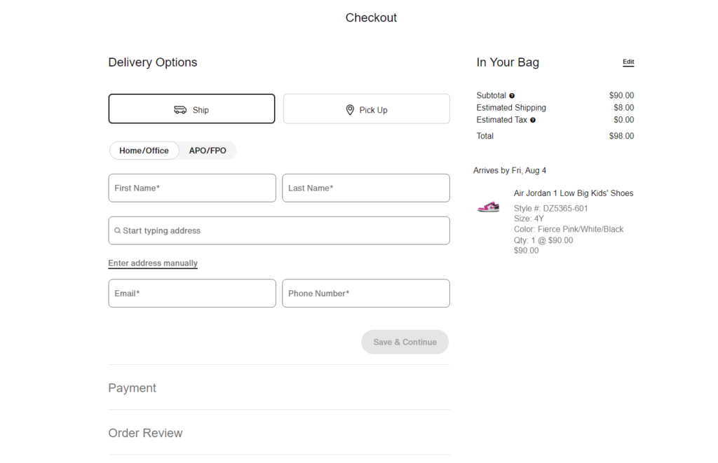 Nike checkout - Shipping Information