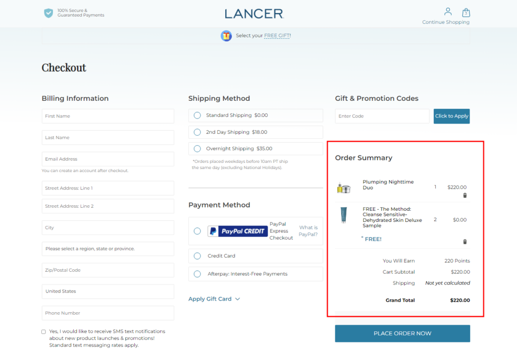 Lancer - Order Summary on single page checkout