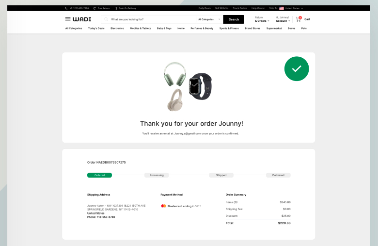 wadi - Order confirmation page