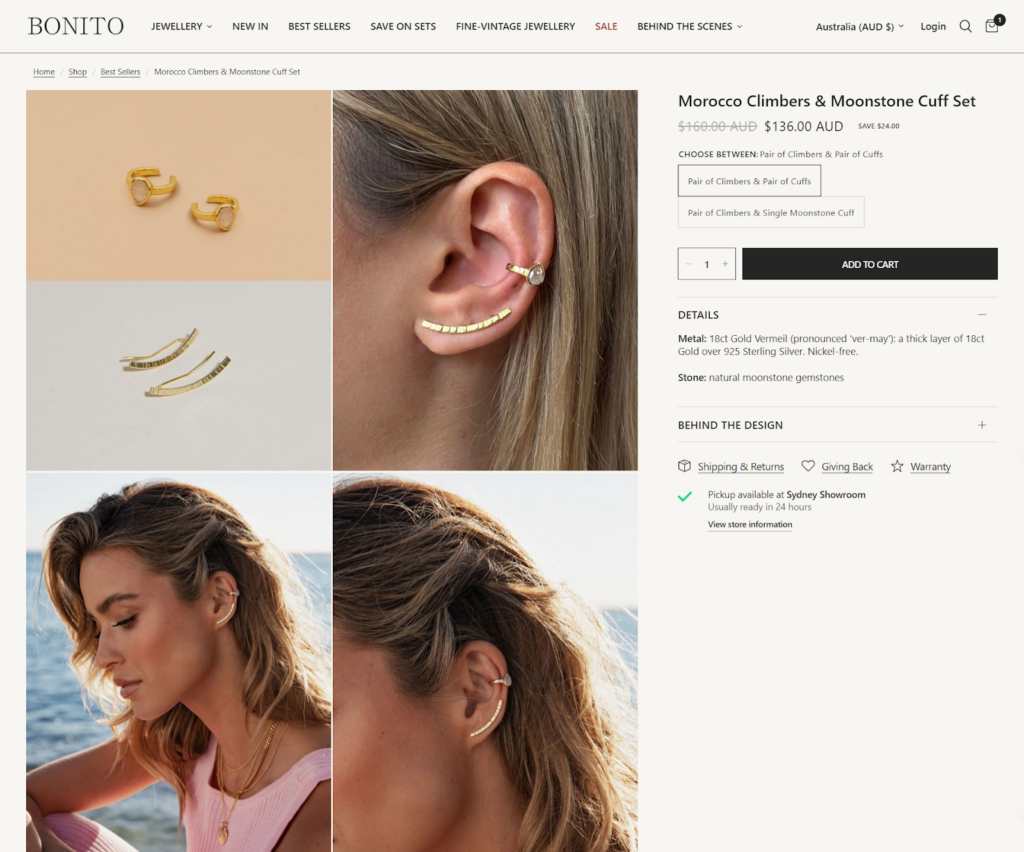 Bonito Jewelry product page - Best Shopify Jewelry Stores