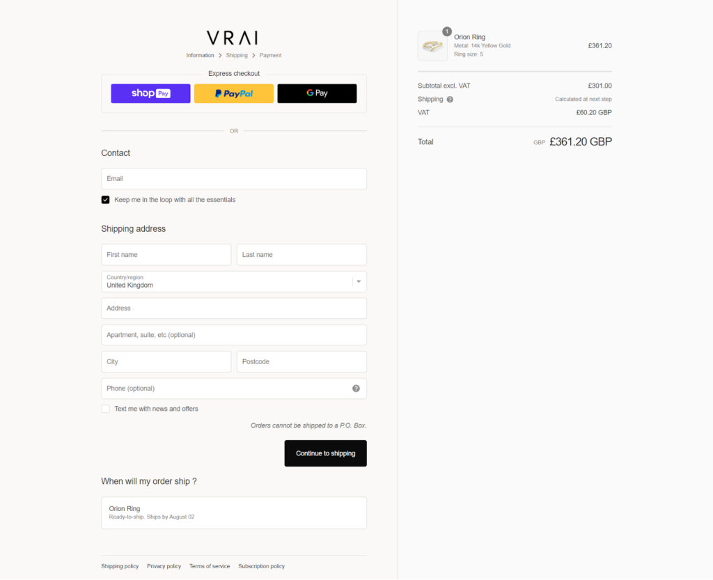 VRAI Checkout page - Best Shopify Jewelry Stores
